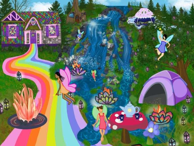 A composite photo of some of the illustrated areas of Fairy Camp, including a rainbow trail, a woodland cabin, tents, a tea ceremony, waterfalls, and treehouse. Fairies dance around the scene!