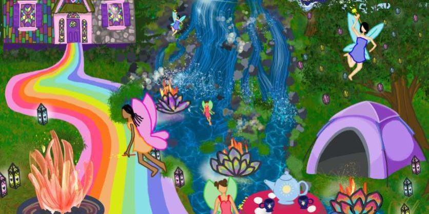 Fairy Camp A composite photo of some of the illustrated areas of Fairy Camp, including a rainbow trail, a woodland cabin, tents, a tea ceremony, waterfalls, and treehouse. Fairies dance around the scene!