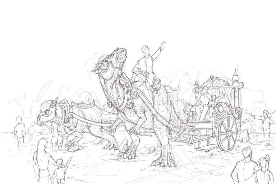 A parade unit at concept stage. The animals pull a carriage with performers aboard, which converts a static herd into a scheduled event that pulls a crowd to a fixed point.
